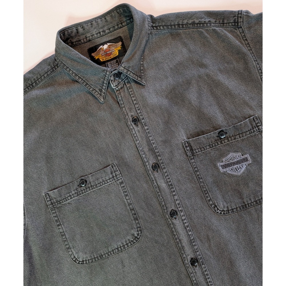 Harley-Davidson Mens XL Faded Black Denim Short Sleeve Button Shirt VERY NICE!